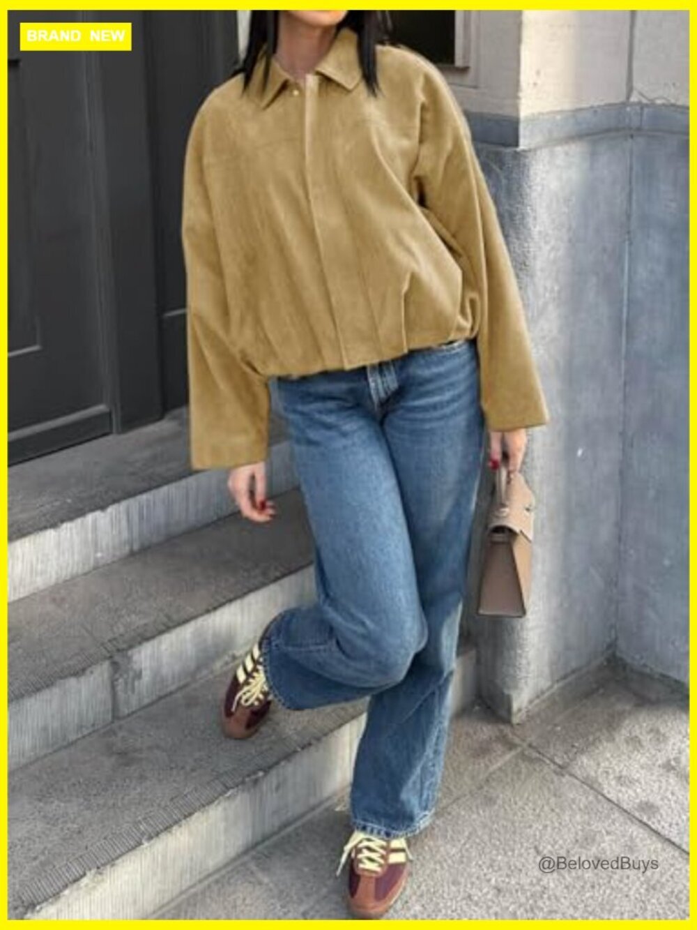 Faux Suede Bomber Jacket Oversized Cropped Zip Up Lapel Coat - Picture 3 of 7